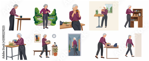 Flat illustration set of an active senior woman engaged in various daily activities including working, walking in the park, and enjoying coffee breaks.