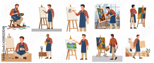 Set of male artist characters painting on canvas in art studio, creative painter working on various artworks in flat vector style.