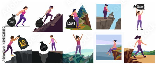 Vector illustrations depicting a woman's journey from financial debt burden to freedom and relief, featuring loan sacks, climbing challenges, and peaceful success.