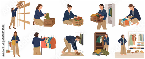 Set of illustrations showing a woman organizing clothes, decluttering her wardrobe, and packing boxes for seasonal storage or moving