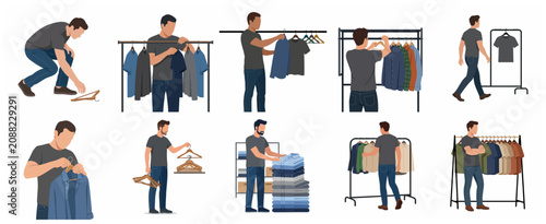 Set of flat vector illustrations of a man organizing his wardrobe, folding laundry, and choosing clothes from a garment rack.