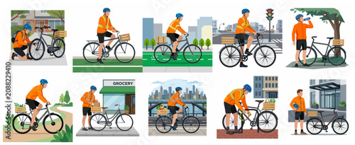 Flat Vector Illustration Set of Man Using Bicycle for Urban Commuting Delivery and Daily Activities
