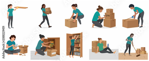 Vector illustration set of women packing and moving house, organizing, cleaning, and labeling cardboard boxes for relocation.