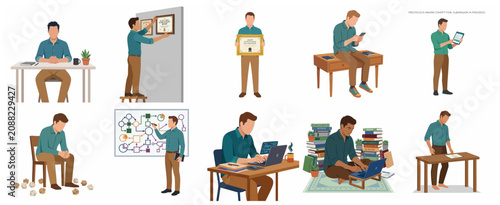 Set of illustrations showing a man's professional career path from studying and planning to achieving success and awards.