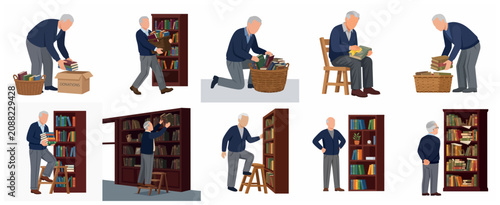 Senior man organizing bookshelf and packing books for donation flat character illustrations set