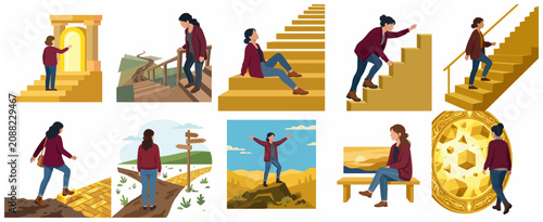 Business woman career growth and personal development concept set, climbing stairs to success, achieving goals, overcoming obstacles, and making life choices illustrations.