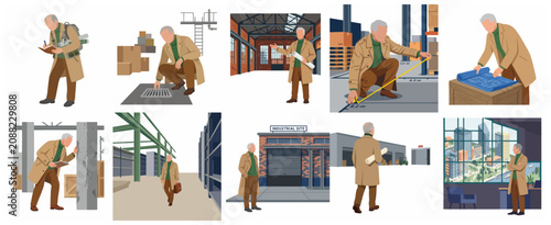 Professional Senior Architect and Engineer Character Set Performing Industrial Inspections, Measuring Warehouse Spaces, and Reviewing Blueprints