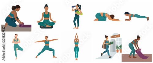 Vector collection of diverse women in various yoga poses and fitness activities, featuring meditation, stretching, and workout routines