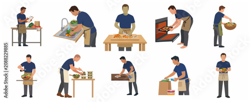 Man preparing healthy meals and cooking flat vector illustration set