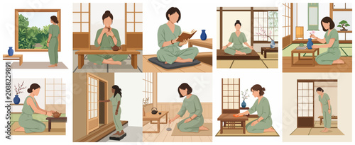 Set of flat illustrations featuring women practicing mindfulness, drinking tea, meditating, and enjoying a zen lifestyle in a minimalist Japanese-style home interior.