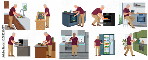 Set of vector illustrations featuring a senior man cooking and using smart kitchen appliances at home
