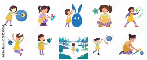 Creative girl character set featuring various artistic and imaginative activities in flat vector illustration style