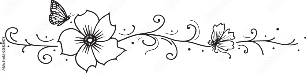 Fototapeta premium Beautiful hand drawn flower vine divider with butterflies illustration Vector