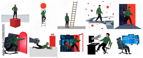 Bild auf Leinwand Set of illustrations depicting man navigating digital challenges, cybersecurity threats, career growth, and technological obstacles in a modern vector style