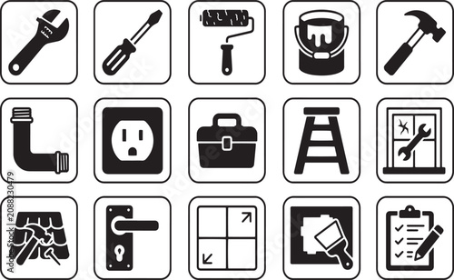 House repair linear square icons with carpentry plumbing and electrics