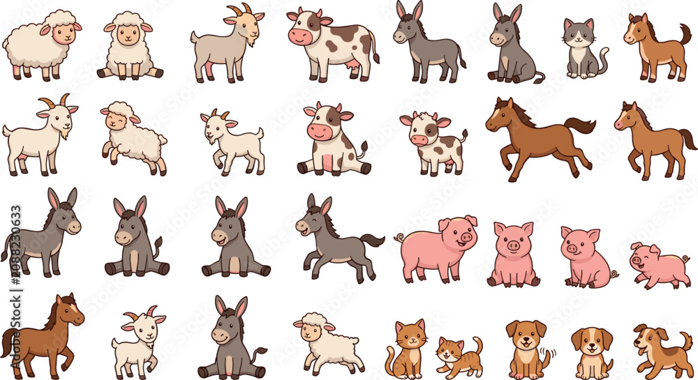 Fototapeta premium Cute Farm Animals Cartoon Sticker Set with Horse, Cow, Sheep, Goat, Donkey, Pig, Dog, and Cat for Kids Educational Vector Graphic Design Elements
