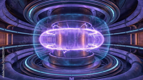 Massive fusion reactor chamber with a toroidal plasma core, superconducting magnetic coils, cryogenic conduits, and a bright containment halo. Violet plasma arcs, polished steel rings, heat