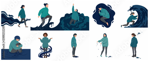 Mental health concept illustrations depicting women struggling with depression, anxiety, loneliness, and emotional distress in a minimalist flat style.