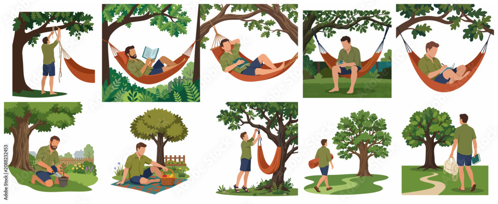 Naklejka premium Collection of flat illustrations showing a man enjoying various outdoor activities, gardening, and relaxing in a hammock in a garden or backyard.