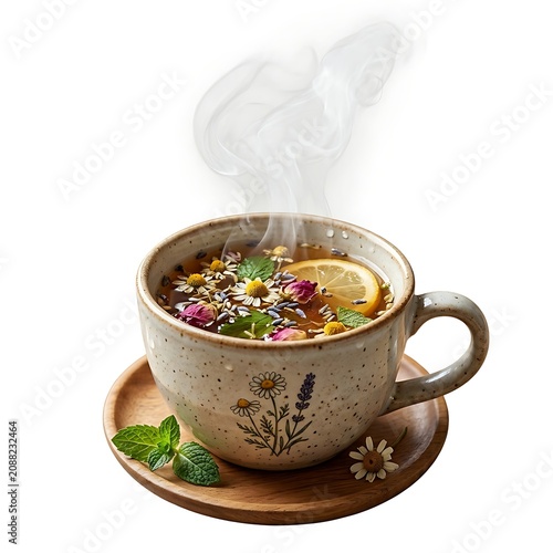 Steaming floral herbal tea in decorative ceramic cup with caffeine free steaming beverage