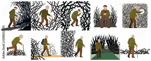 Elderly Man Navigating Thorny Bushes Vector Illustration Set Symbolizing Life Challenges and Aging