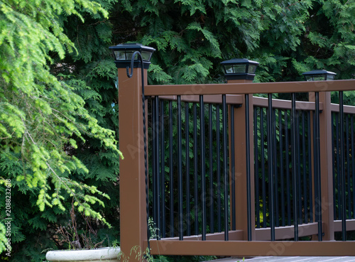 Fényképezés Modern brown composite deck railing with sleek black balusters and solar post cap lights, set against a vibrant green evergreen hedge, enhancing outdoor living and home exterior aesthetics
