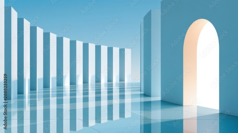 Obraz premium Minimalist blue architectural composition with curving columns, reflective floor and glowing archway entrance
