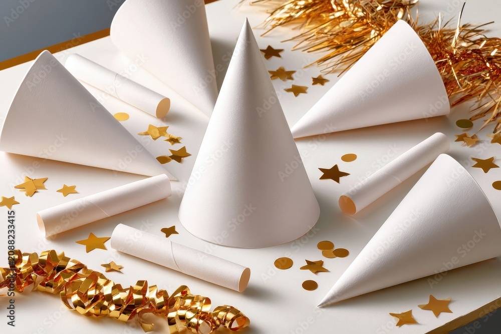 Fototapeta premium New Year party supplies flat lay with white paper hats, gold confetti and festive streamers