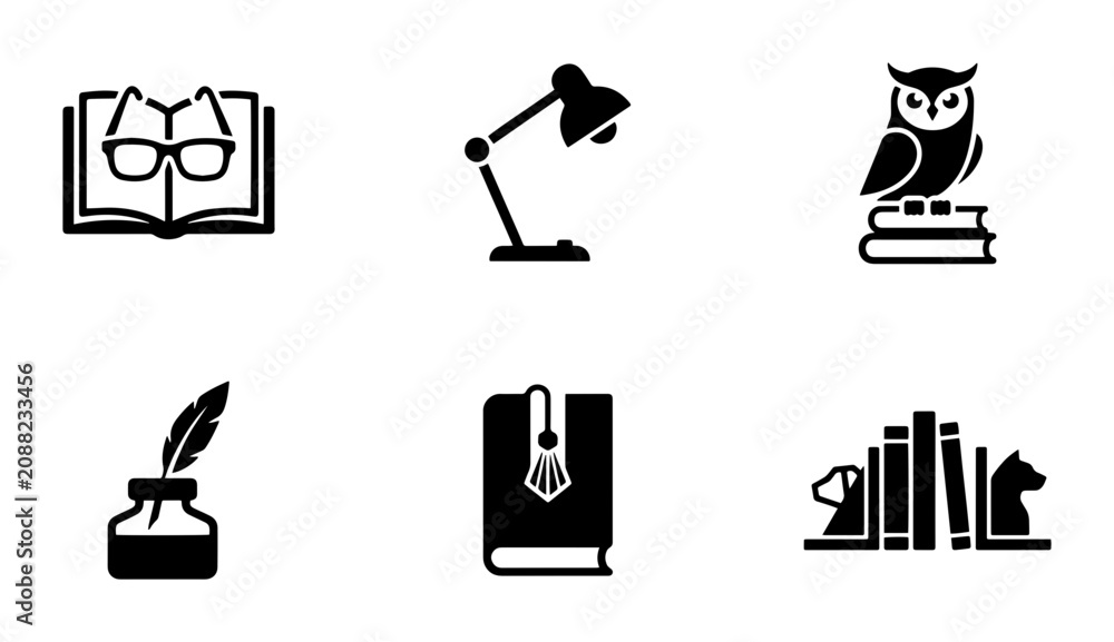 Fototapeta premium Education Icons Set: Books, Owl, Lamp, Inkwell, Bookmark, Bookends Vector Graphics