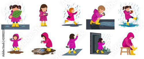 Little girl in pink raincoat and yellow boots playing in rain puddles and taking photos, set of flat vector illustrations