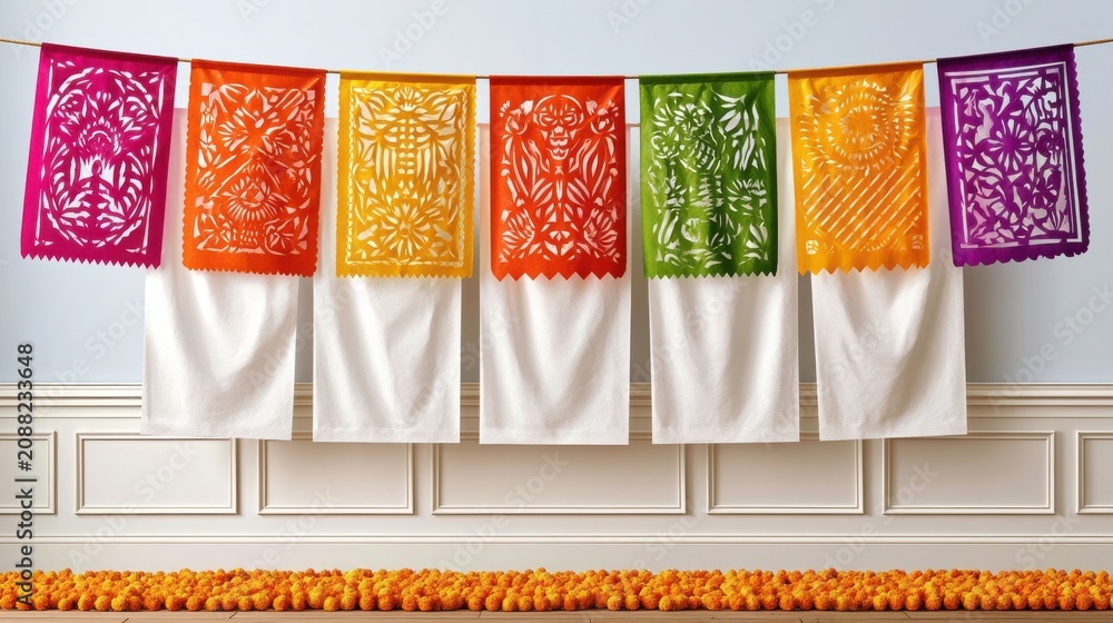 Fototapeta premium Colorful papel picado banners and marigold garland hung over white cloths for festive decoration