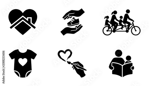 Obraz na plátně Family Love Icons: Home, Care, Togetherness, Baby, Art, Reading, Vector Set