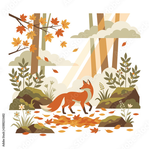 Fox Exploring Autumn Forest With Falling Leaves Cartoon Illustration