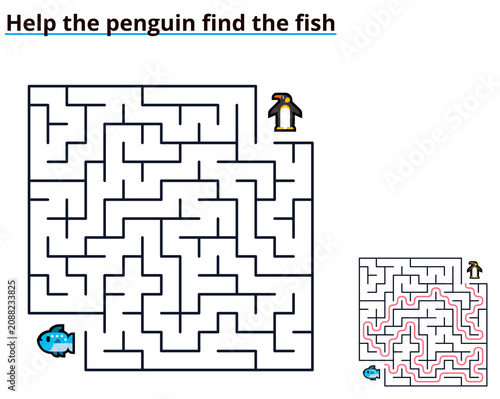 Penguin find the fish maze printable worksheet for children