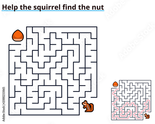 Squirrel find the nut maze printable worksheet for children