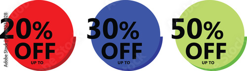 Large collection of colorful round sale discount badges with 20, 30 and 50 percent off