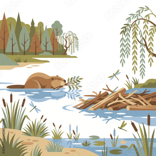 Beaver Swimming With Branches To Dam In River Landscape Illustration