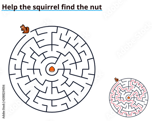 Squirrel find the nut circular maze printable worksheet