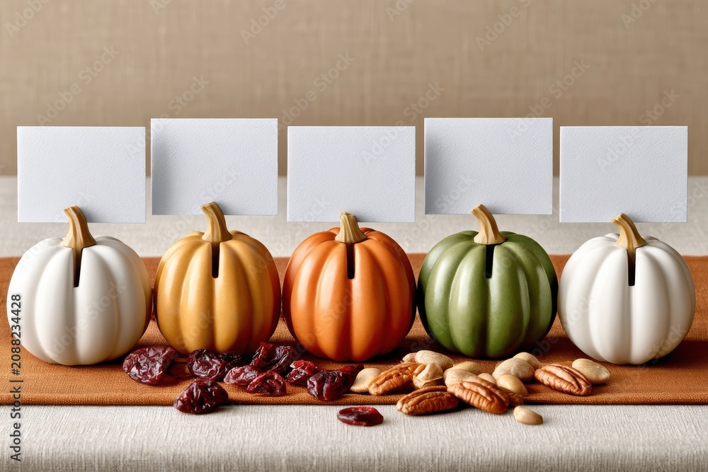 Fototapeta premium Thanksgiving table place card mockup with decorative mini pumpkins and nuts on autumn table