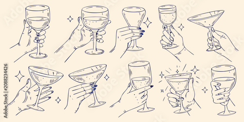 Hands Holding Wine Glasses Blue Line Art Vector Illustration