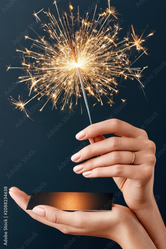 Fototapeta premium Woman holding a lit sparkler above a blank card mockup, hands with ring and manicure