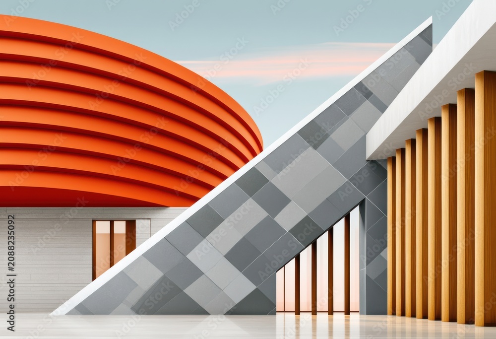 Obraz premium Vibrant high-contrast abstract view of modern architecture with curved orange roof and geometric staircase