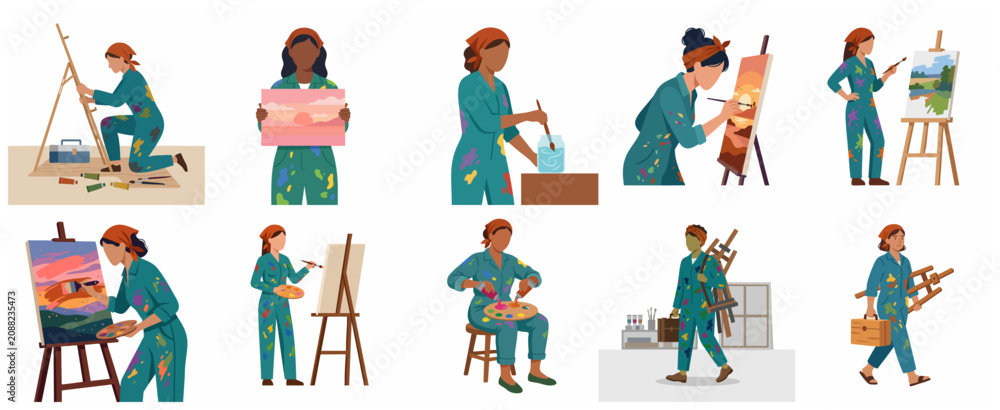 Fototapeta premium Creative woman artist characters set painting on canvas and holding art equipment in flat vector illustration