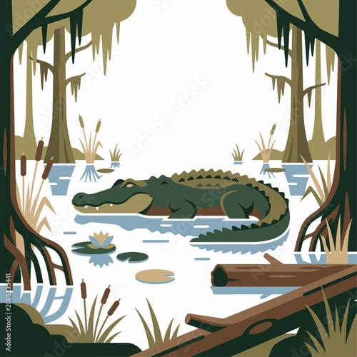 Alligator In Freshwater Swamp Bayou Landscape With Cypress Trees Illustration
