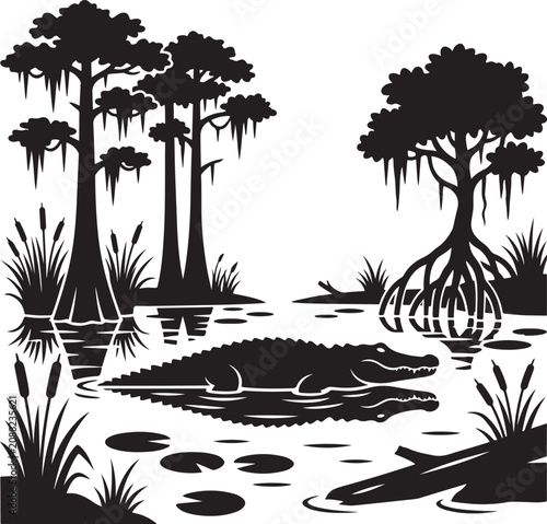 Alligator In Swamp Bayou Landscape With Cypress Trees Silhouette
