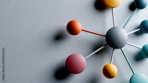 A colorful molecular model with a central grey sphere connected to smaller spheres in red, yellow, orange, and blue hues, symbolizing connection and networking