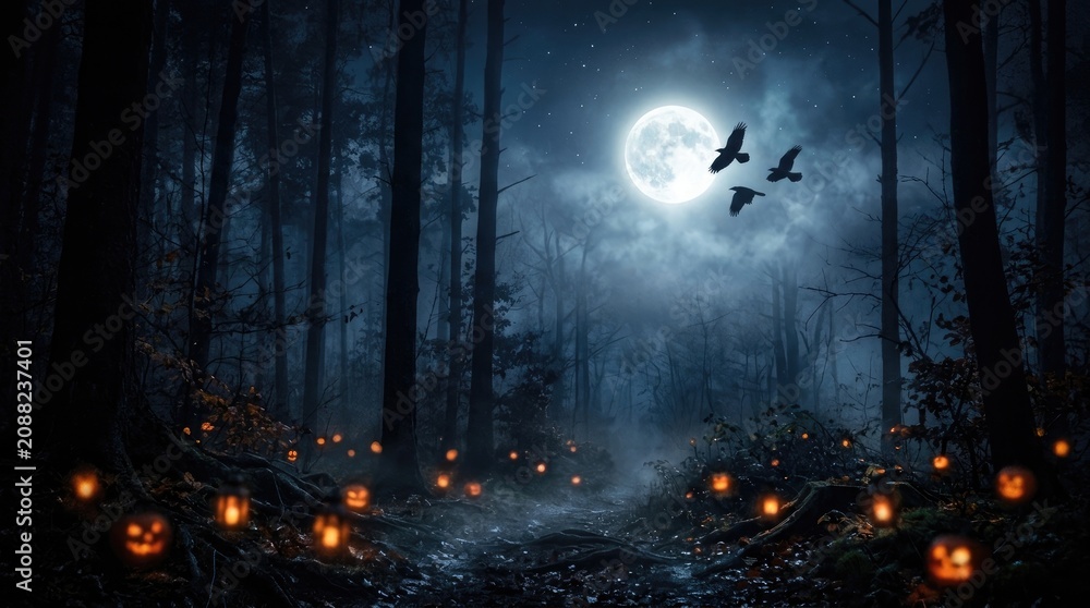 Fototapeta premium Spooky halloween night in a dark forest with glowing jack o lanterns and a full moon