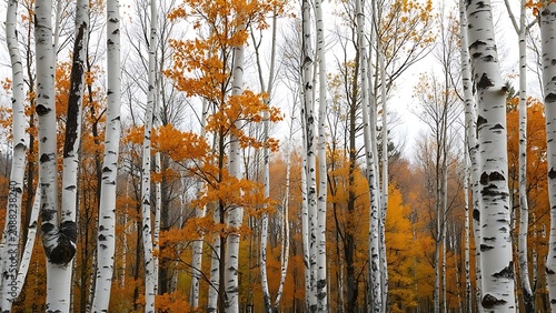 Grove of birch trees in autumn, silver bark and golden leaves falling in the wind.