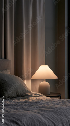 Warm lamp glows softly beside bed