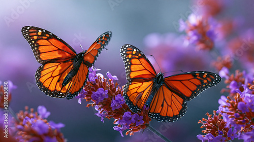 Two monarch butterflies flying in unison among purple lavender flowers, synchronized wings.